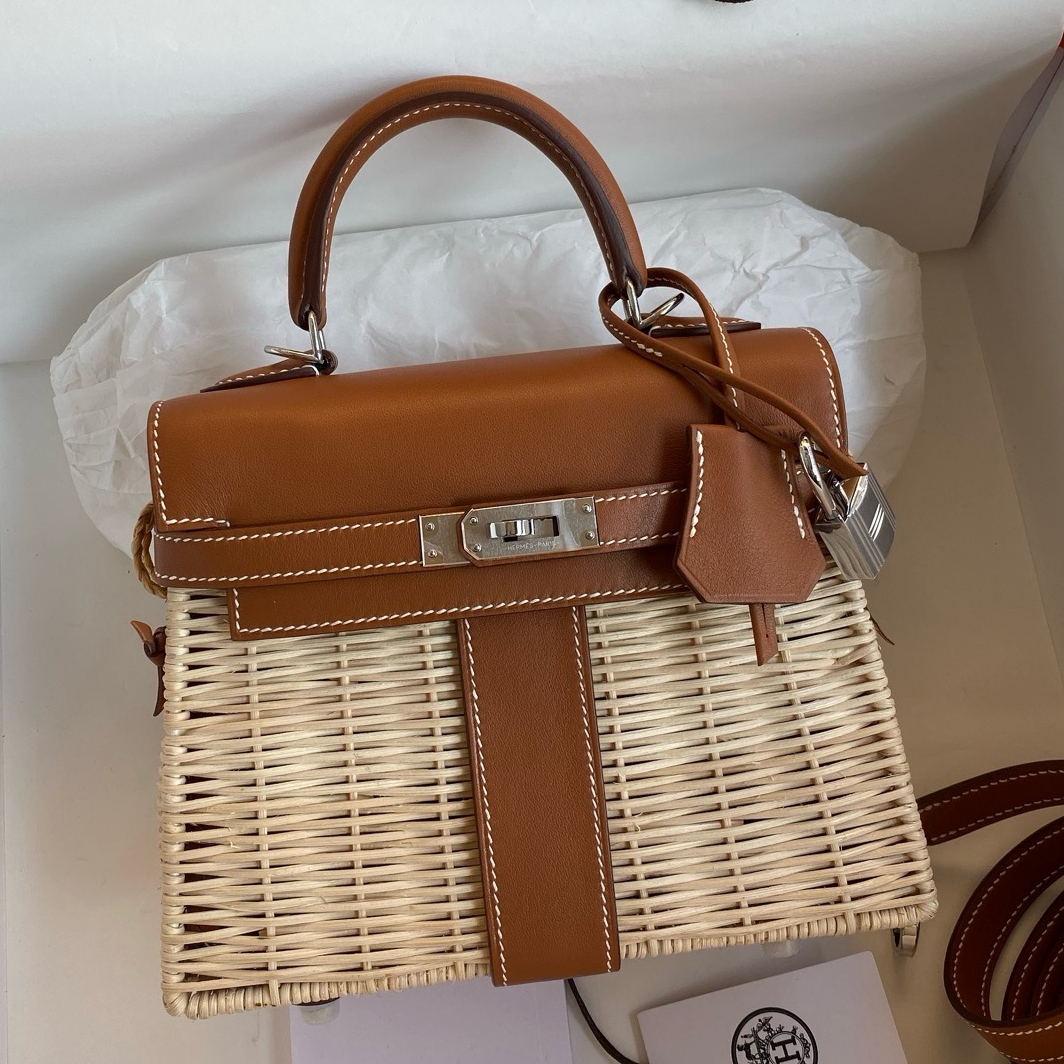 Hermes Picnic Kelly Mini 20 Bag in Wicker and Gold Calfskin