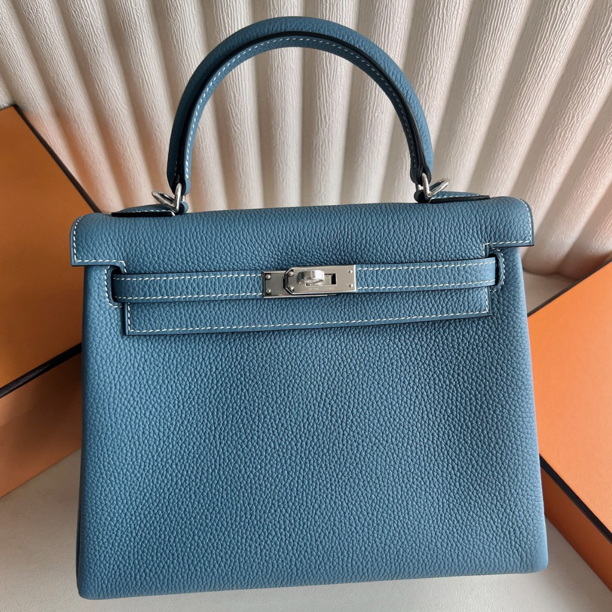 Hermes Kelly Retourne 25 Handmade Bag in Blue Jean Clemence Leather