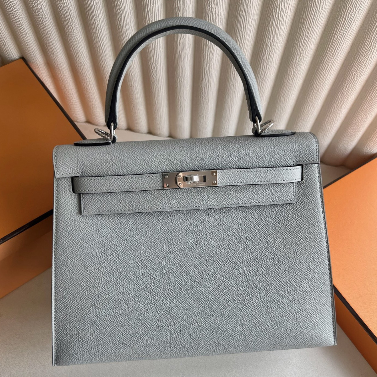 Hermes Kelly Sellier 25 Handmade Bag in Blue Glacier Epsom Calfskin