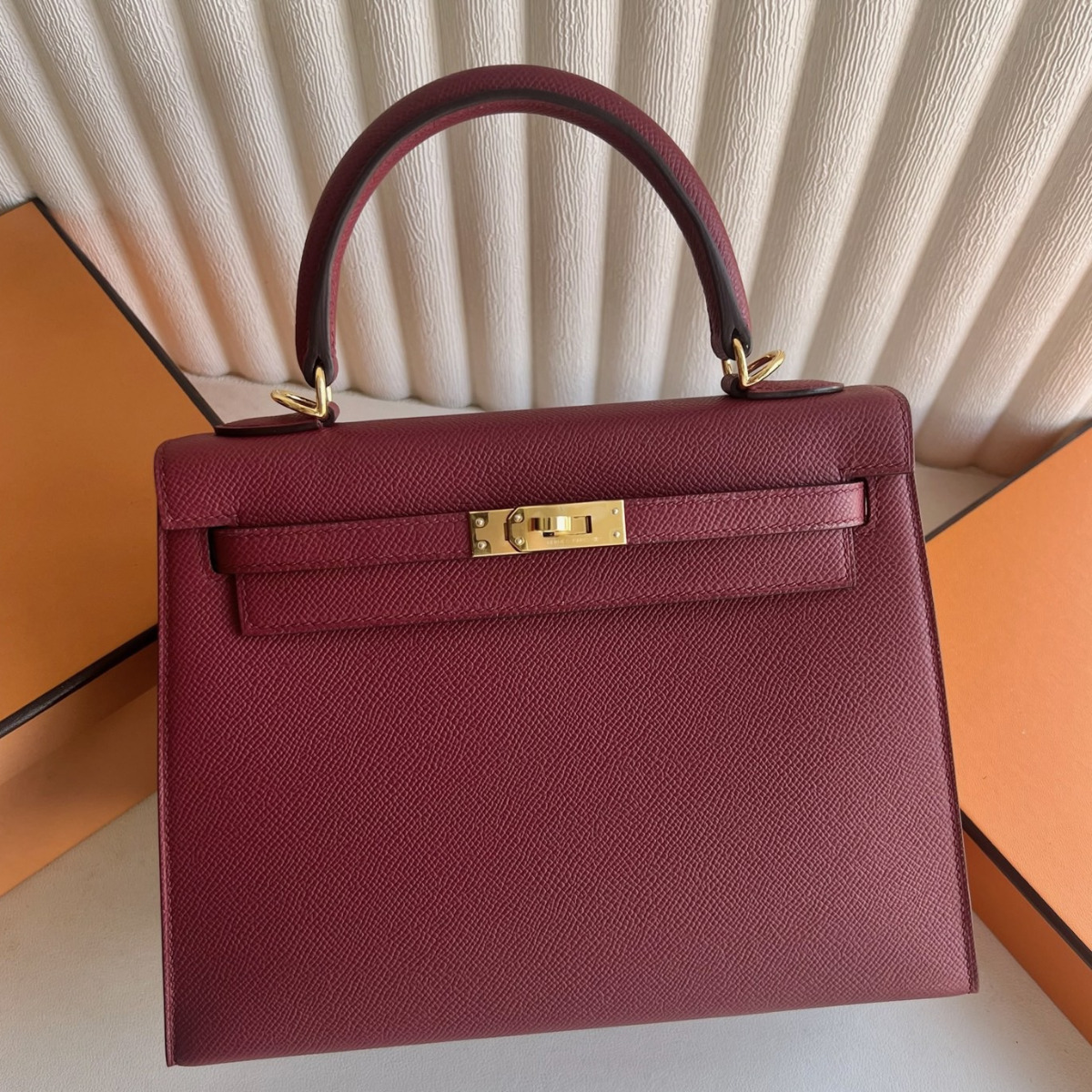 Hermes Kelly Sellier 25 Handmade Bag in Rouge Grenat Epsom Calfskin