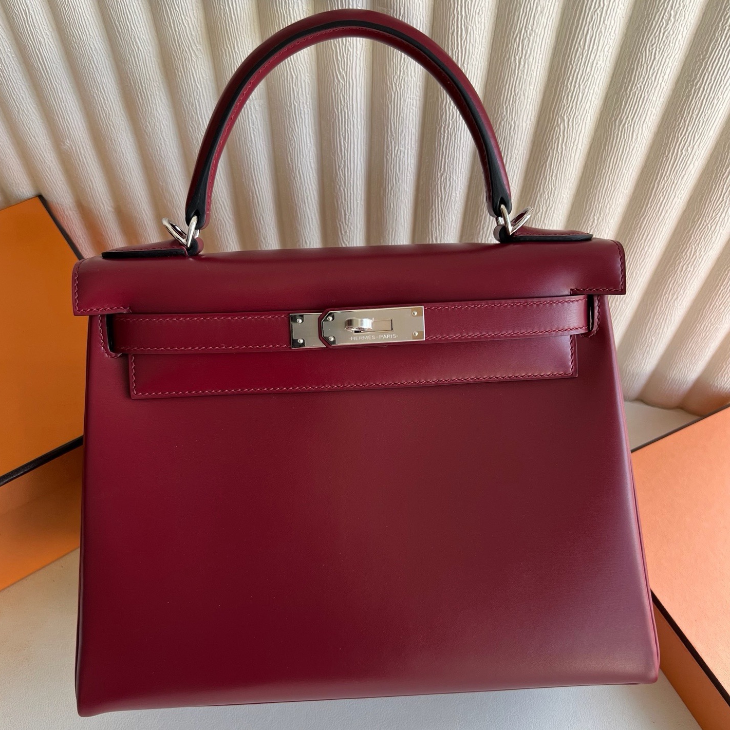 Hermes Kelly Sellier 28 Handmade Bag in Rouge H Box Calfskin 