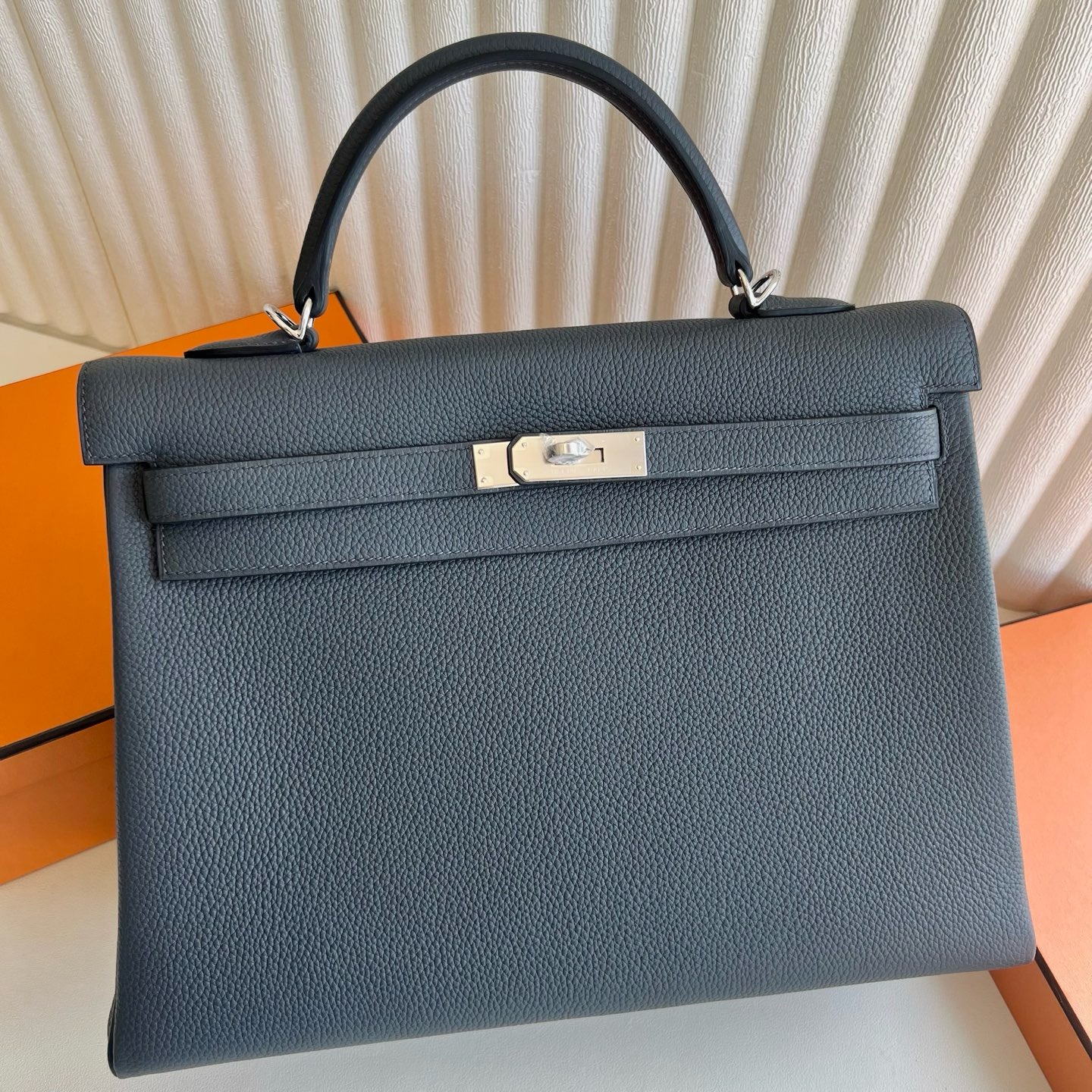 Hermes Kelly Retourne 35 Handmade Bag in Gris Misty Clemence Leather