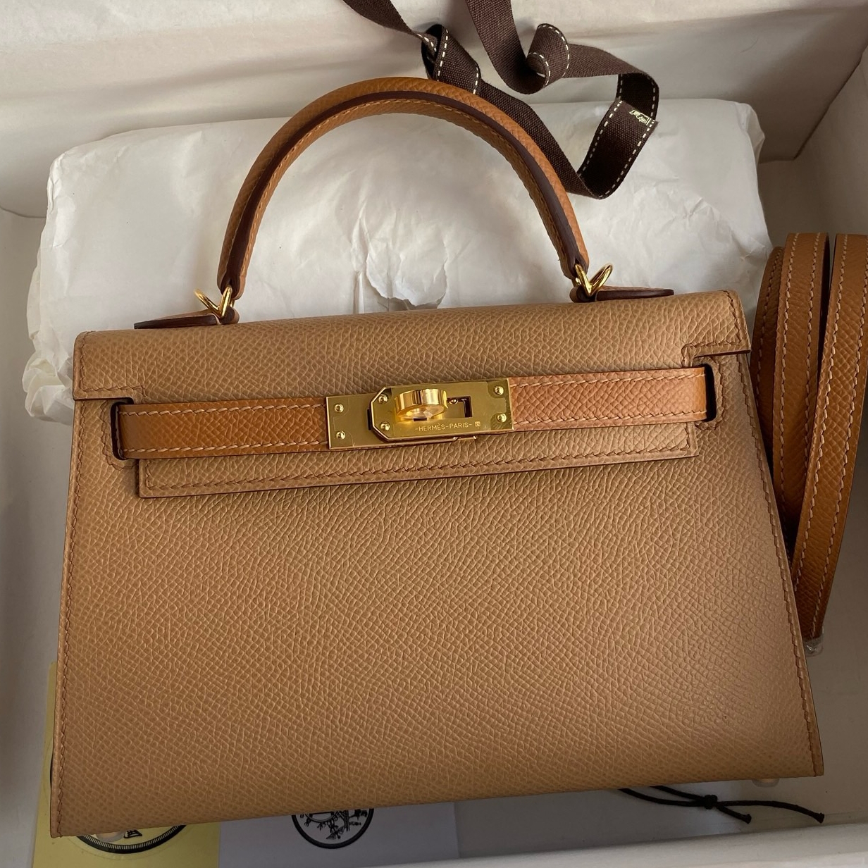 Hermes Kelly Mini II Sellier Bicolor Handmade Bag in Chai and Gold Epsom Calfskin