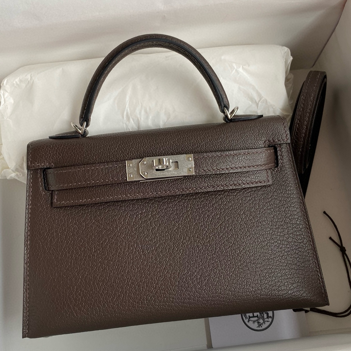 Hermes Kelly Mini II Verso Sellier Handmade Bag in Ebene Chevre Mysore Goatskin
