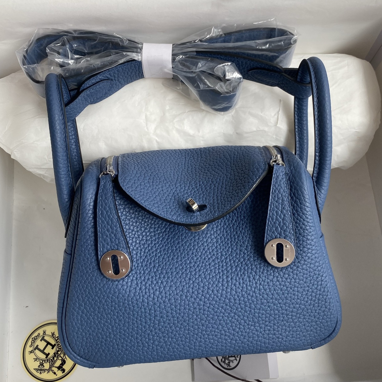 Hermes Mini Lindy Handmade Bag in Blue Agate Clemence Leather