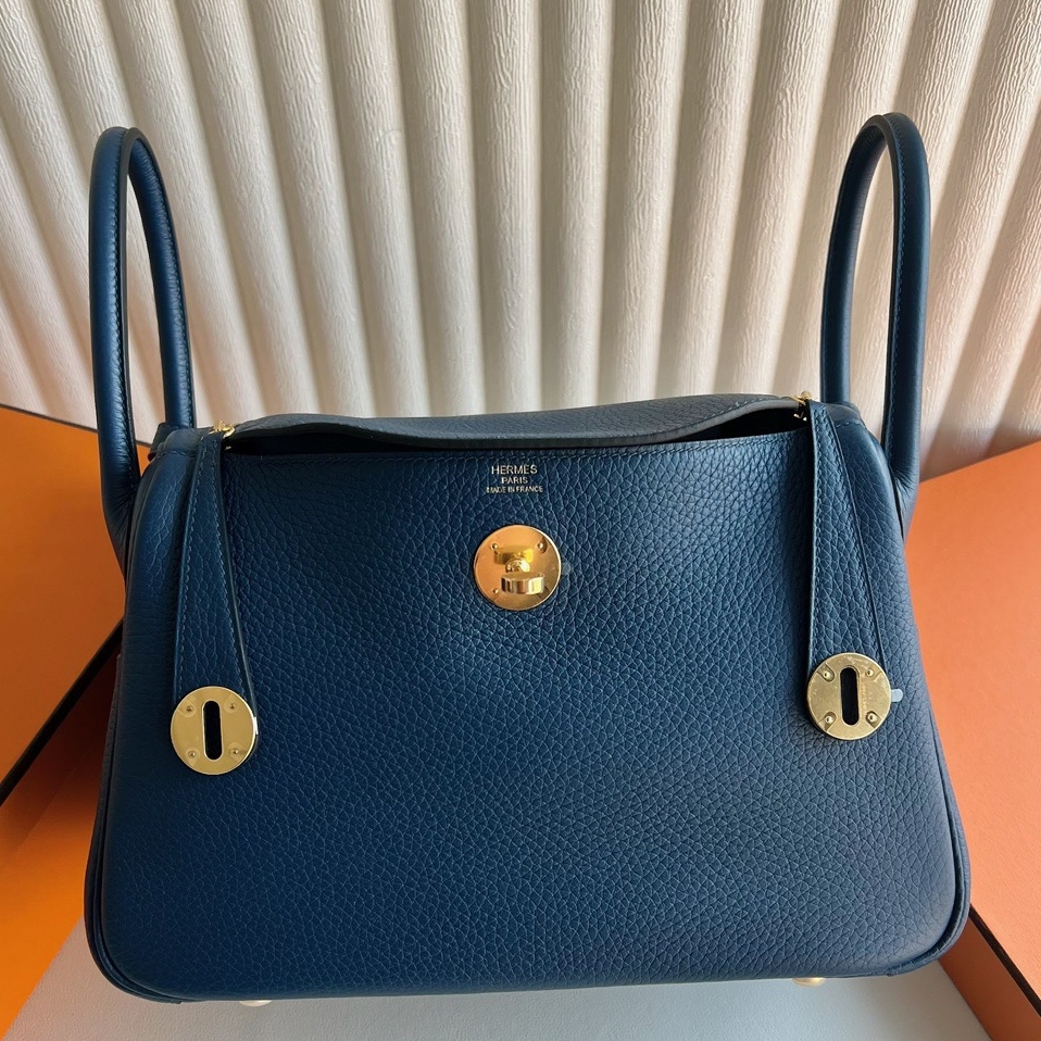 Hermes Lindy 26 Handmade Bag in Deep Blue Clemence Leather