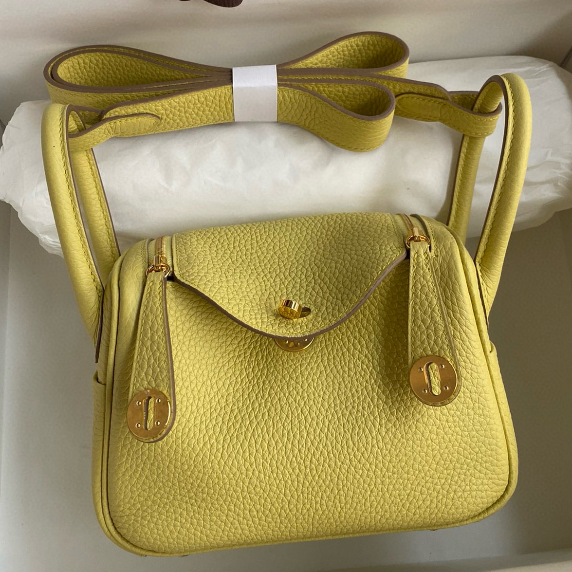 Hermes Mini Lindy Verso Bag in Jaune Poussin Clemence Leather