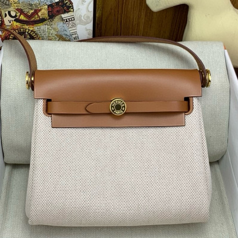 Hermes Herbag Zip 20 Bag in Canvas and Gold Hunter Calfskin