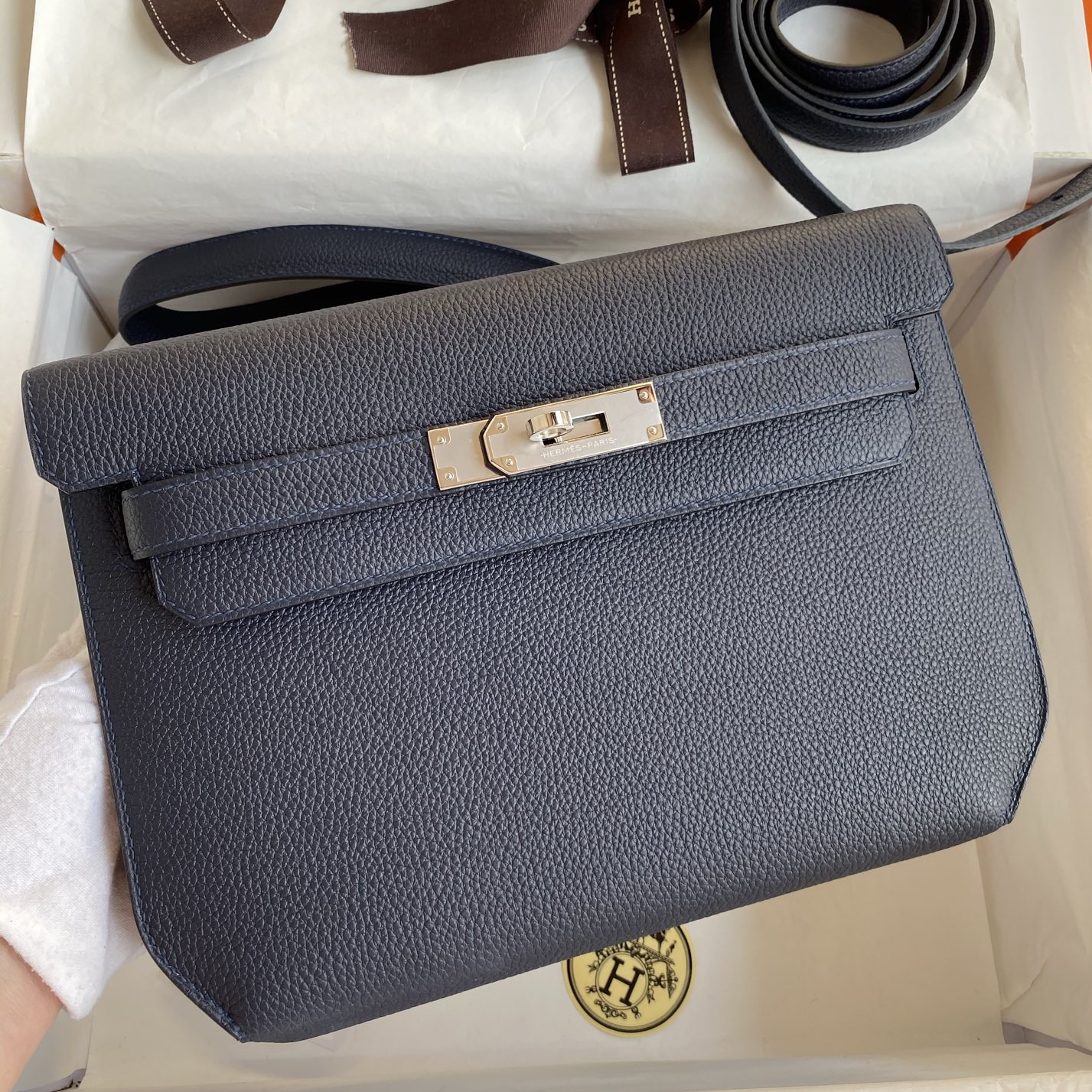 Hermes Kelly Depeches 25 Pouch in Blue Nuit Clemence Leather