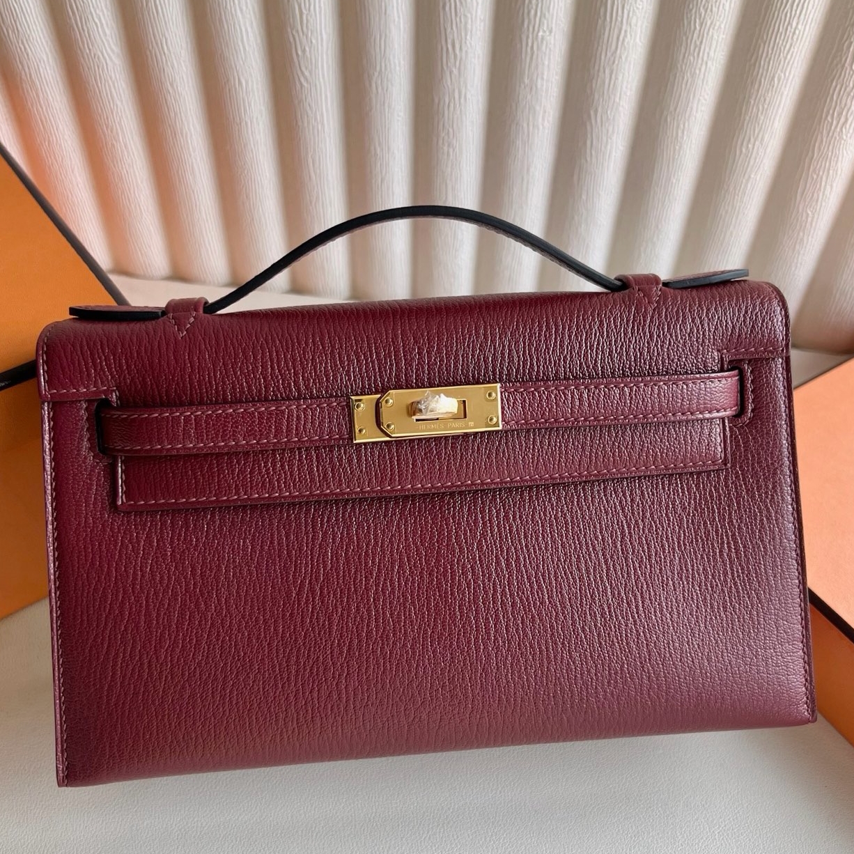 Hermes Kelly Pochette Handmade Bag in Rouge H Chevre Mysore Leather