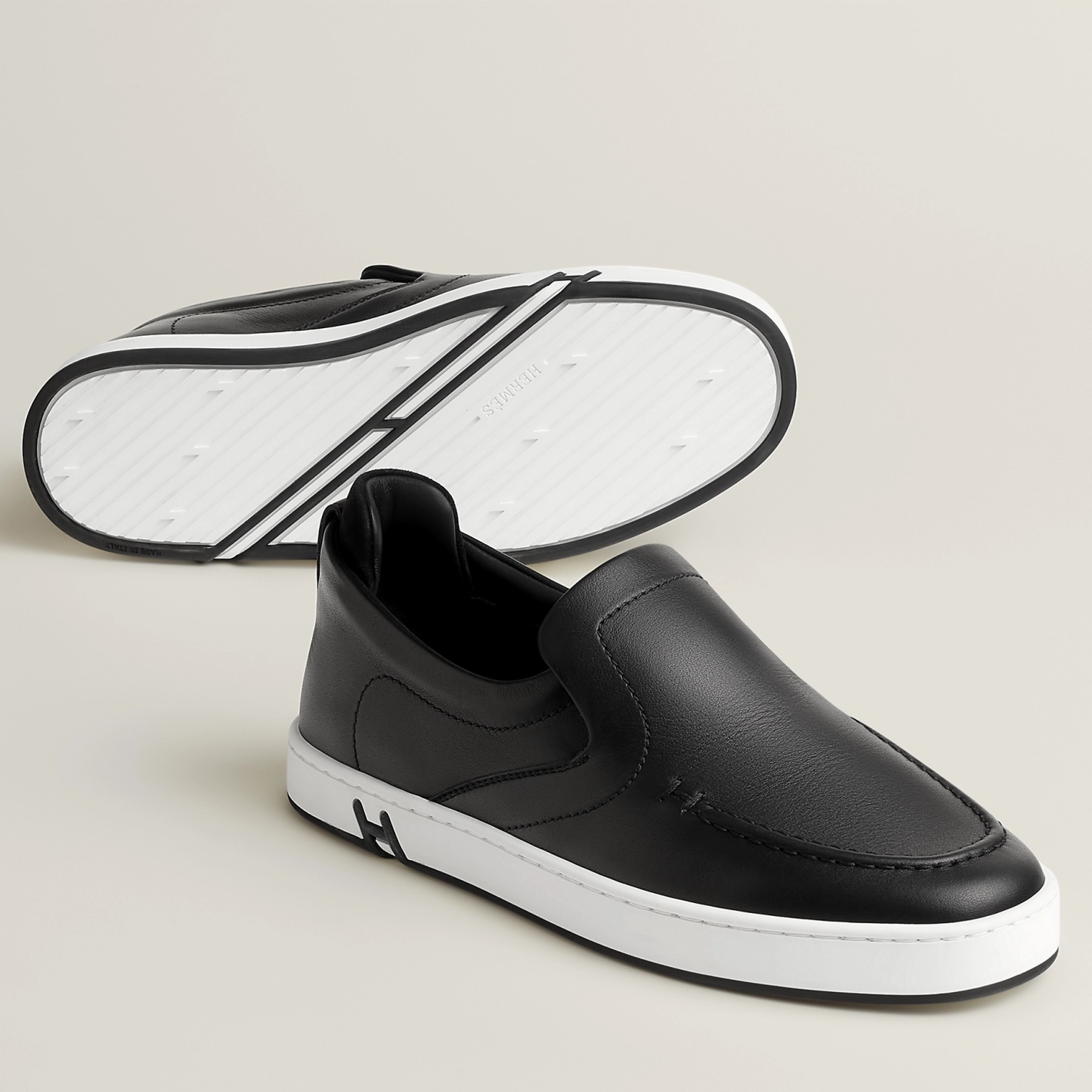 Hermes Men's Kiddy Slip-on Sneakers in Black Leather