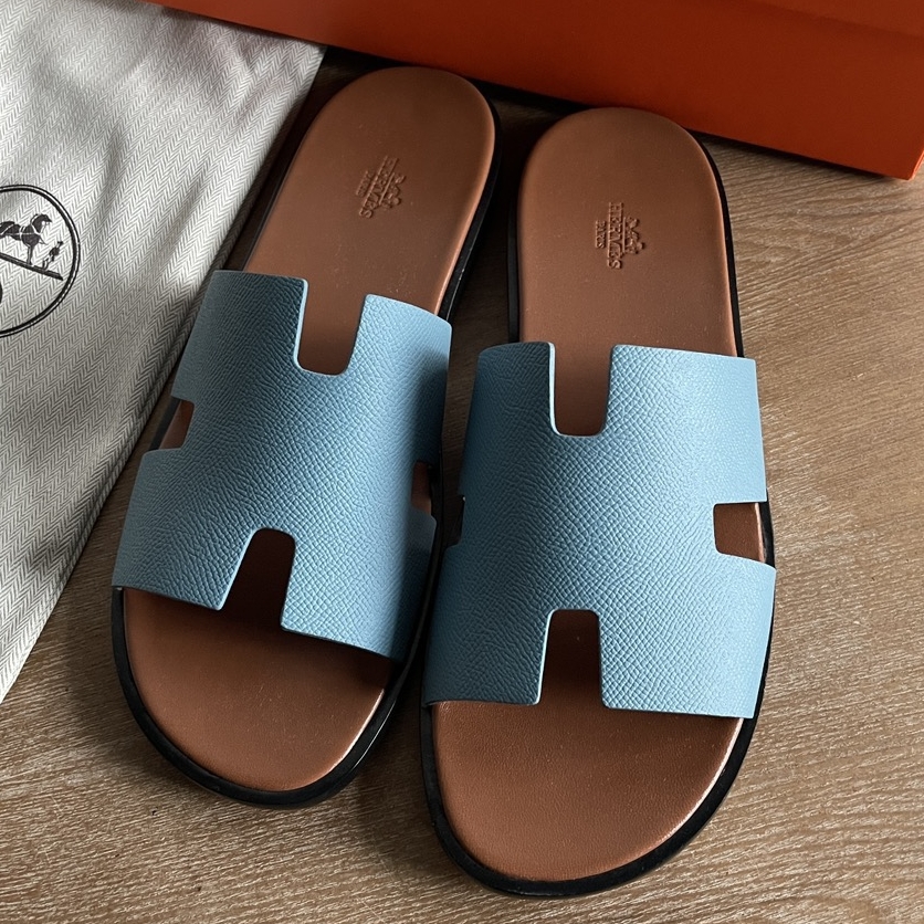 Hermes Izmir Sandals in Blue Jean Epsom Calfskin with Gold Insole
