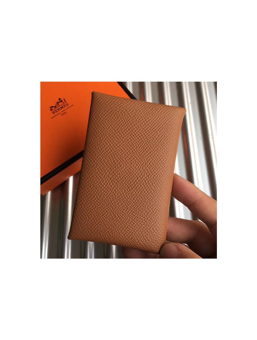 Hermes Calvi Duo Card Holder In Gold, Brown Epsom Leather, Brand New
