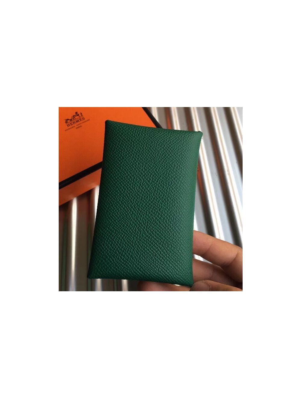 Hermes Calvi Card Holder Epsom Leather Gold Hardware In Green