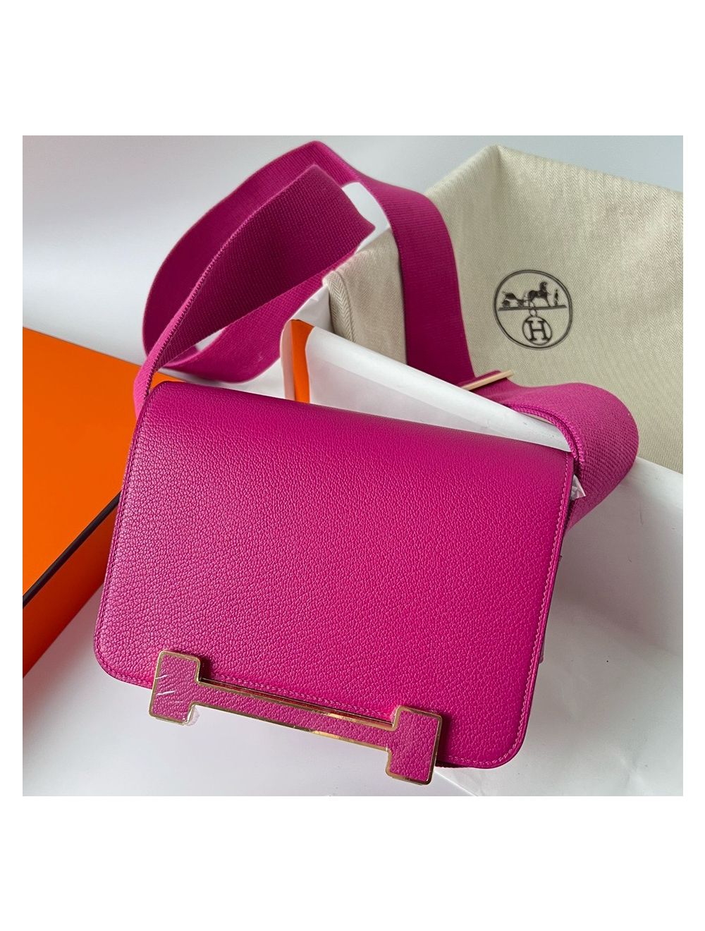 Replica Hermes Geta Handmade Bag In Rose Purple Chevre Mysore Leather