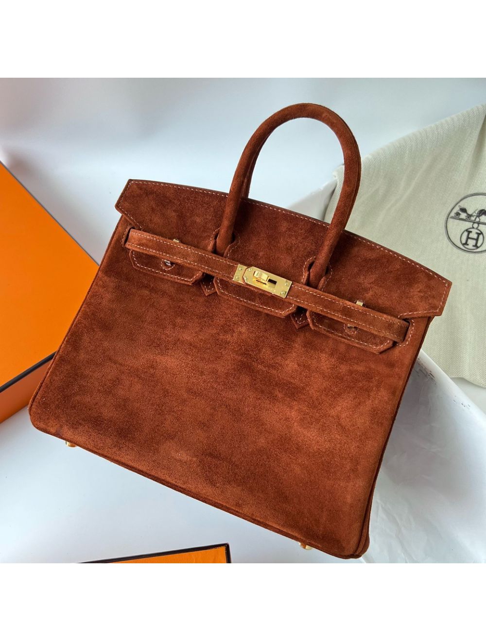 Replica Hermes Birkin 25 Retourne Handmade Bag In Brown Doblis Suede Leather