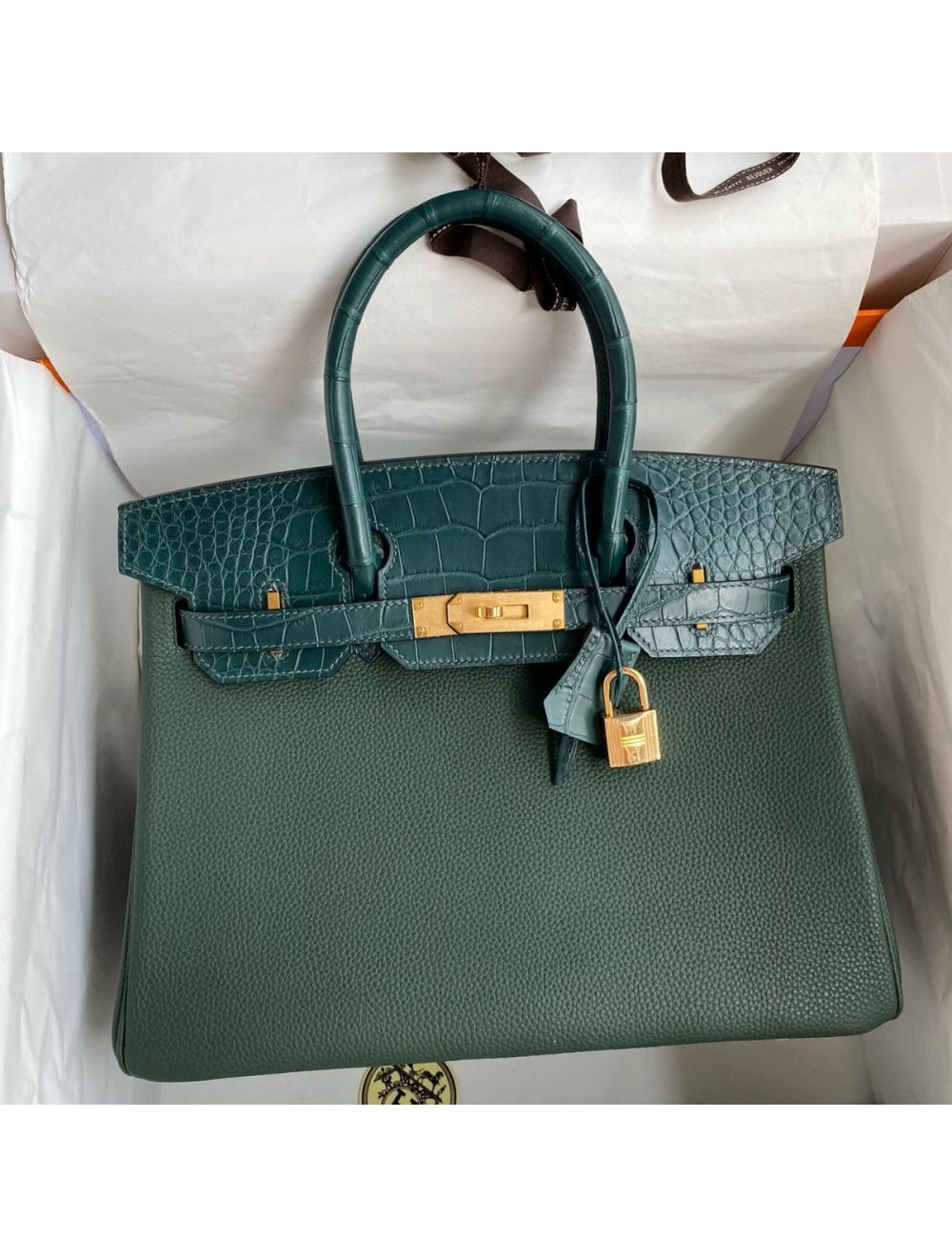 Replica Hermes Touch Birkin 30 Bag in Green Clemence and Matte Alligator  Leather