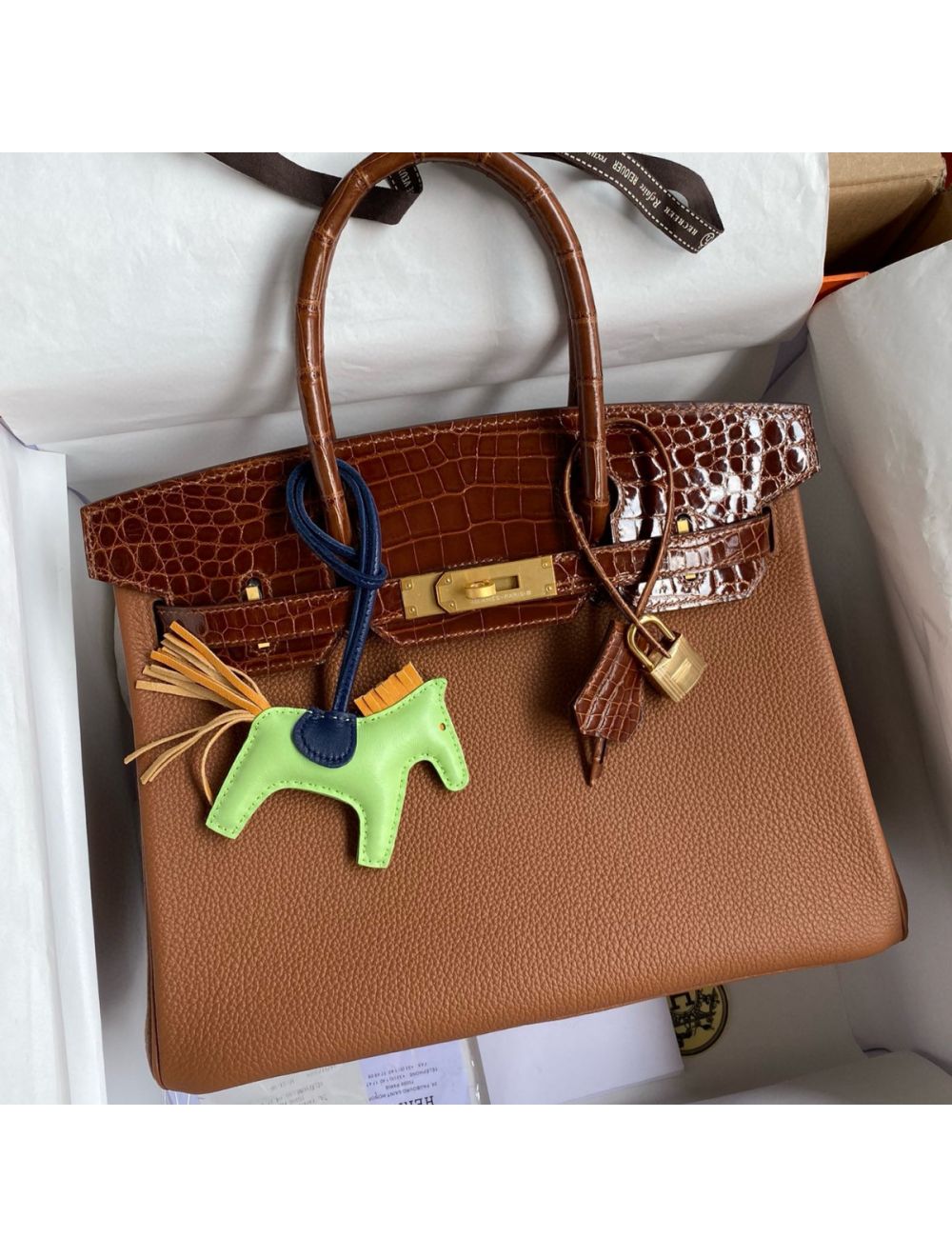 Replica Hermes Touch Birkin 30 Bag In Gold Clemence and Shiny Niloticus  Crocodile Skin