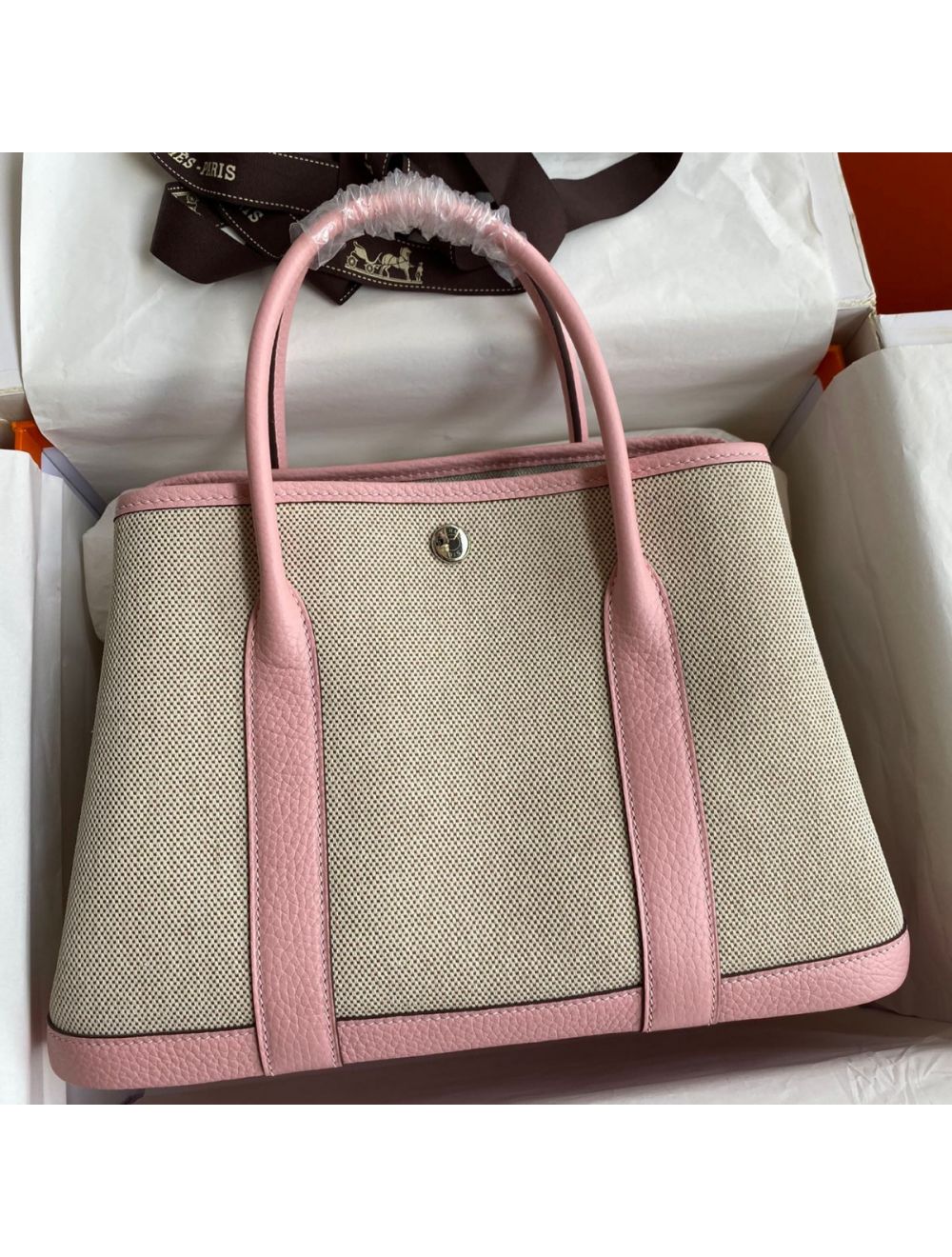 Replica Hermes Garden Party 30 Handmade Bag in Toile and Pink Leather