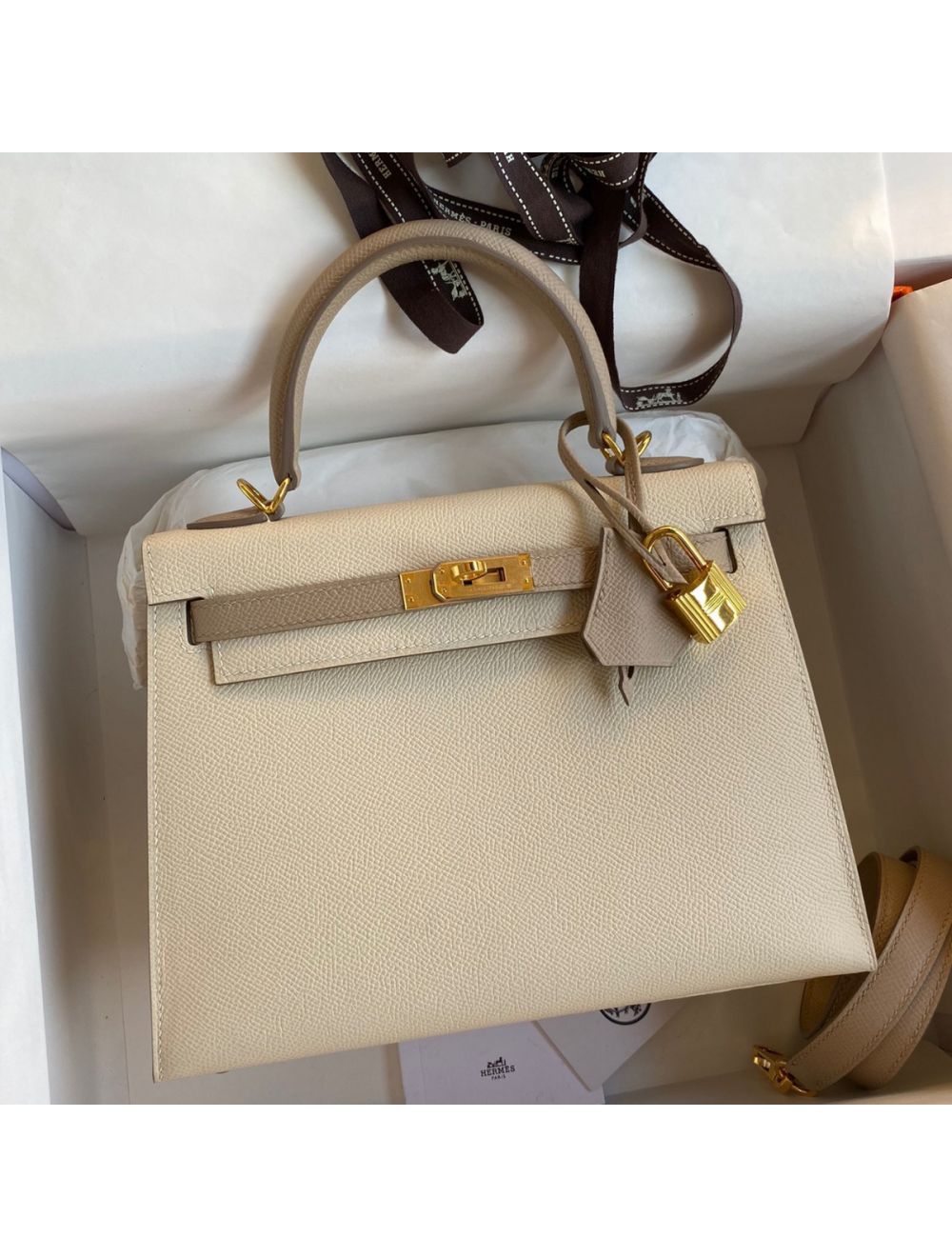 Replica Hermes Kelly Sellier 25 Bicolor Bag in Craie and Trench Epsom  Calfskin