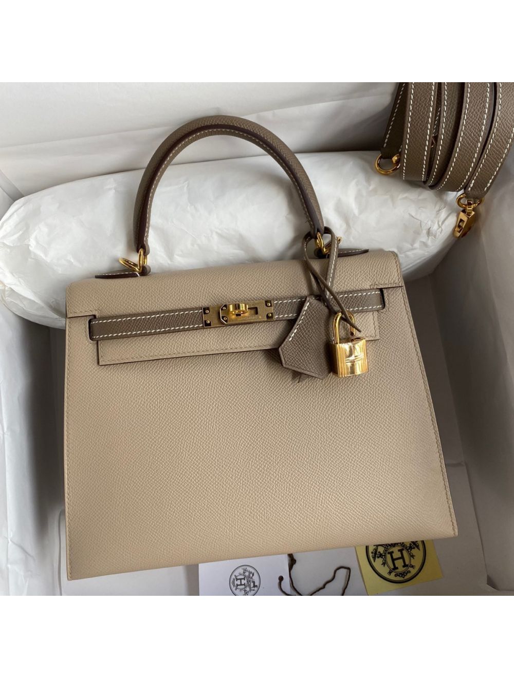Replica Hermes Kelly Sellier 25 Bicolor Bag in Trench and Taupe Epsom ...