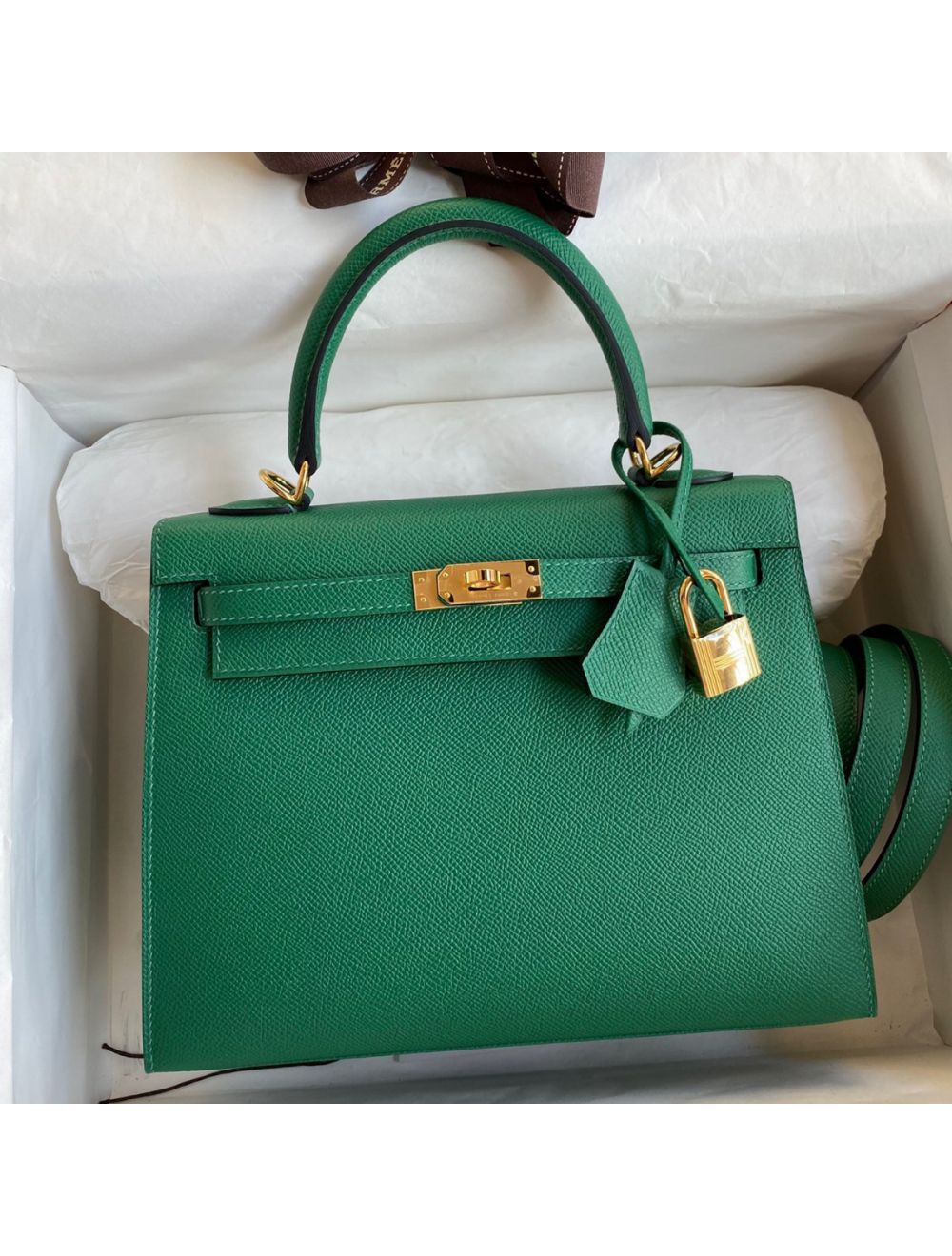 Replica Hermes Kelly Sellier 25 Handmade Bag In Vert Vertigo Epsom Calfskin