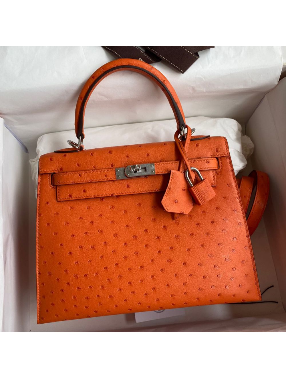 Replica Hermes Kelly Sellier 25 Handmade Bag In Orange Ostrich Leather