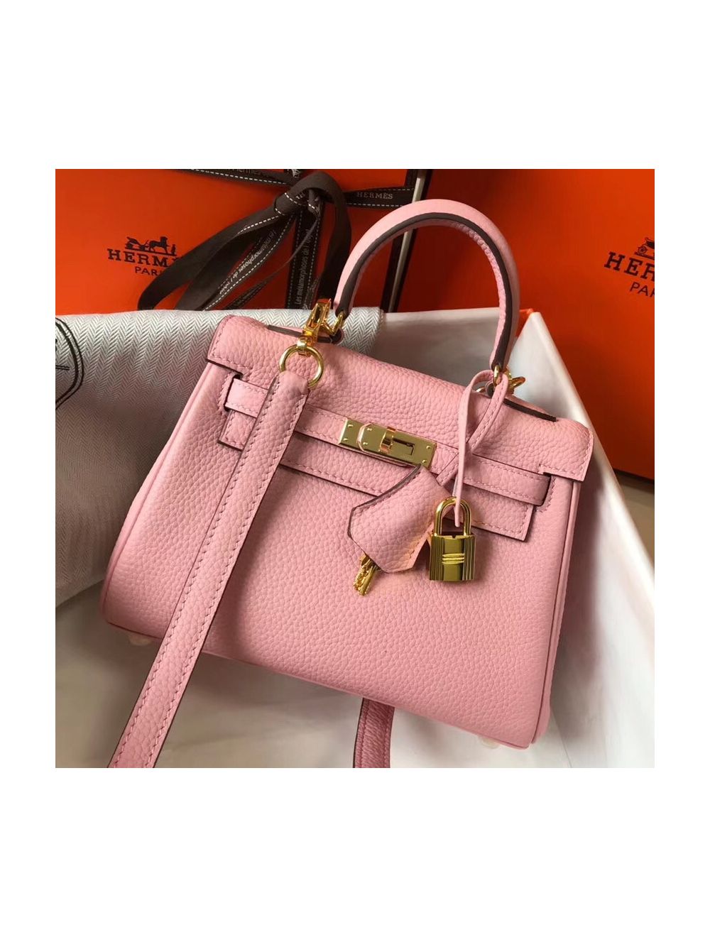 Replica Hermes Kelly 20cm Bag In Pink Clemence Leather GHW