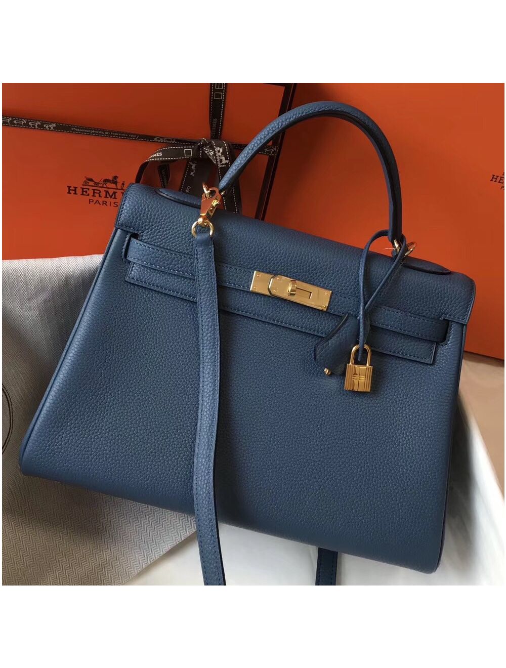 Replica Hermes Kelly 32cm Bag In Blue Agate Clemence Leather GHW