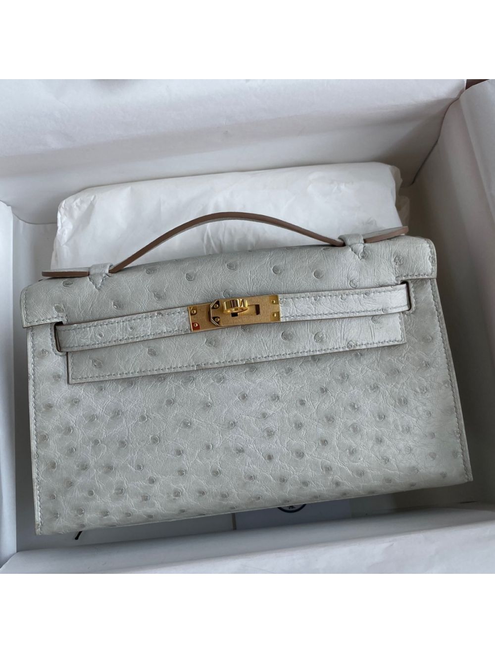 Replica Hermes Kelly Pochette Handmade Bag In Pearl Grey Ostrich