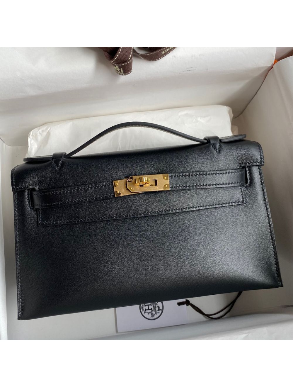 Replica Hermes Kelly Pochette Handmade Bag In Black Swift Calfskin