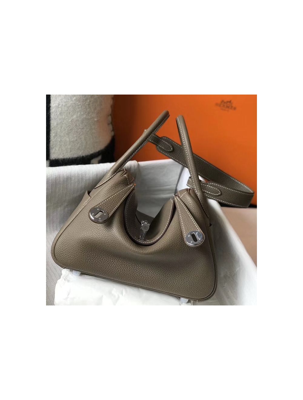 Hermes Lindy bag mini Etoupe grey Clemence leather Silver hardware