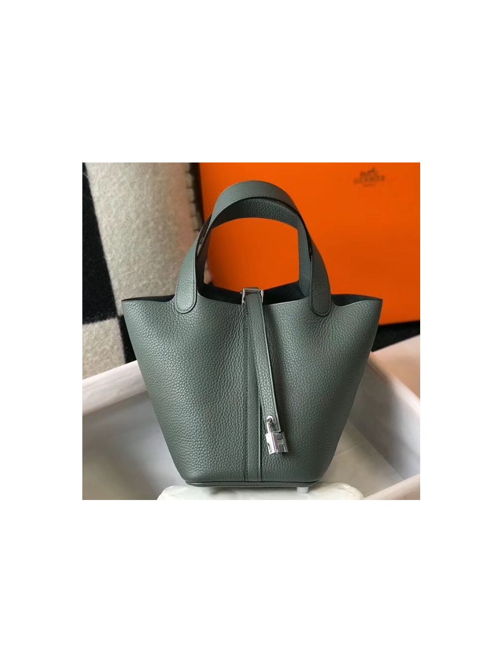 Hermes Etoupe Taurillon Clemence Leather Picotin Lock 18 Bag