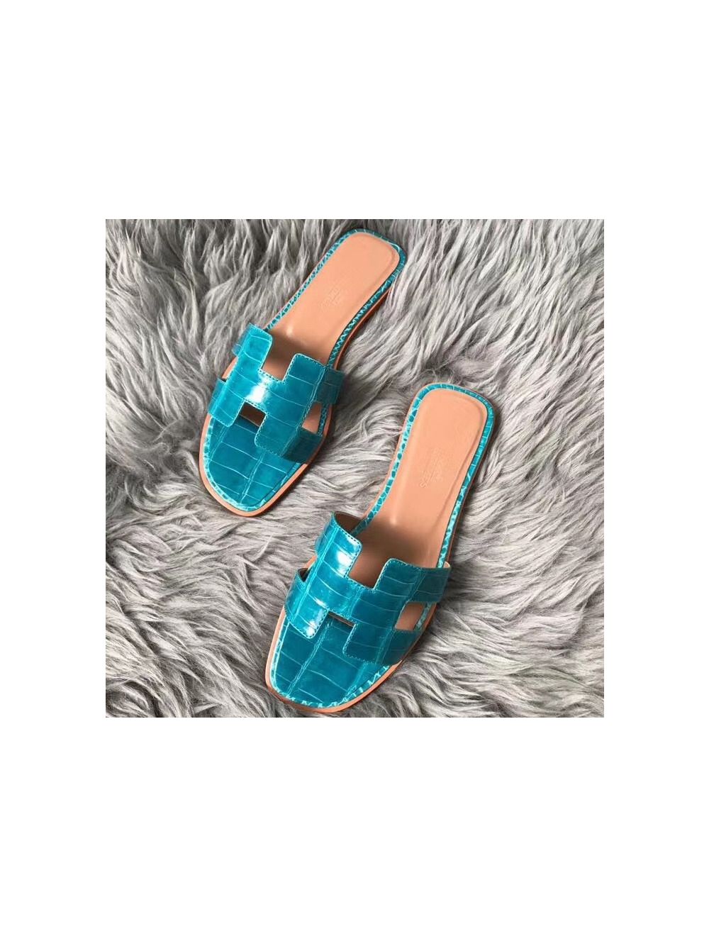 Replica Hermes Oran Sandals In Blue Paon Shiny Niloticus Crocodile