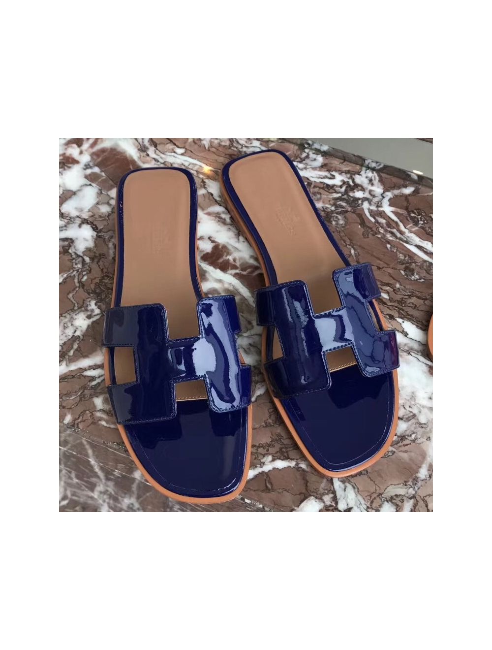 Replica Hermes Oran Sandals In Blue Ostrich Leather