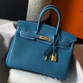 Hermes Birkin 25cm Handbag In Blue Lin Clemence Leather QY01718