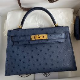 Hermes Mini Kelly I Bag CC77 Blue Iris Ostrich GHW