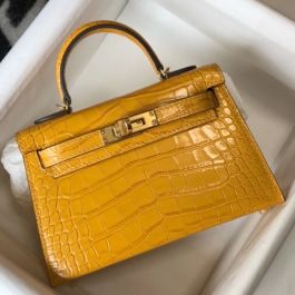 Replica Hermes Kelly Mini II Bag In Yellow Embossed Crocodile Leather