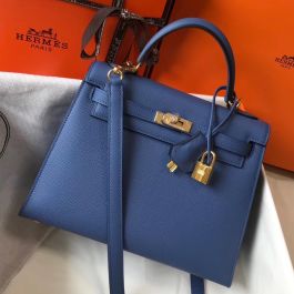 Replica Hermes Kelly 25cm Sellier Bag In Agate Blue Epsom Leather