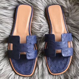 Replica Hermes Oran Sandals In Blue Ostrich Leather