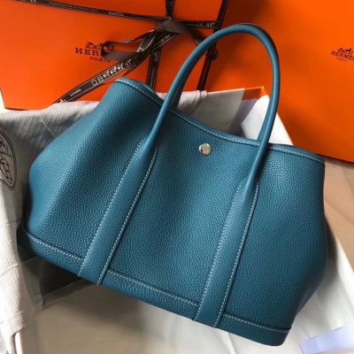 Hermes Garden Party 30 Bag In Blue Jean Taurillon Leather