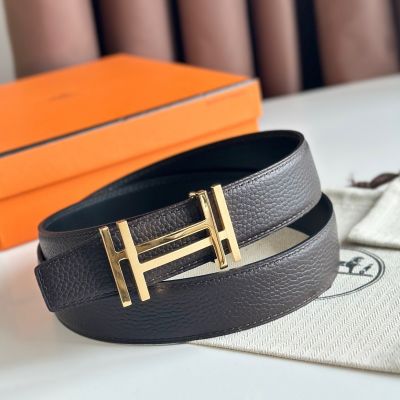 Hermes H au Carre Reversible Belt 32MM in Chocolate Clemence Leather