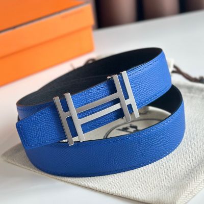 Hermes H au Carre Reversible Belt 32MM in Blue and Black Epsom Leather