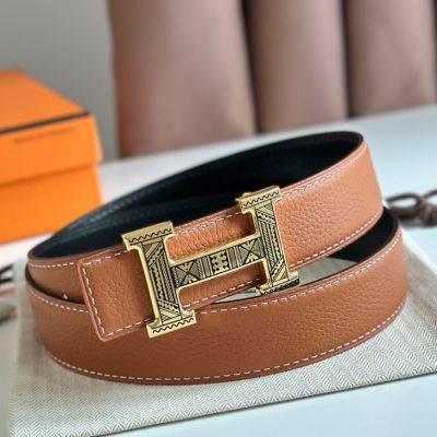 Hermes H Touareg Reversible Belt 32MM in Gold Clemence Leather