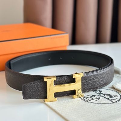 Hermes H Reversible Belt 32MM in Chocolate Clemence Leather