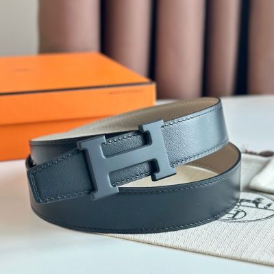 Hermes H Reversible 32MM Belt with Matte Buckle in Grey Clemence Leather