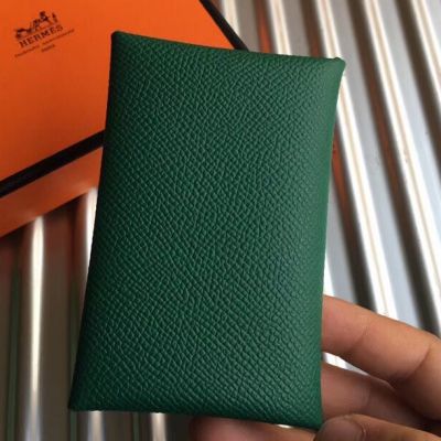 Hermes Calvi Card Holder In Green Epsom Leather