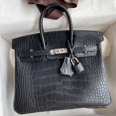 Hermes Birkin 25 Bag In Black Matte Alligator Crocodile Skin