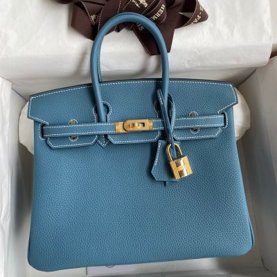Hermes Birkin 25 Handmade Bag In Blue Jean Clemence Leather
