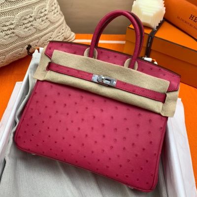 Hermes Birkin 25 Handmade Bag In Rose Red Ostrich Leather